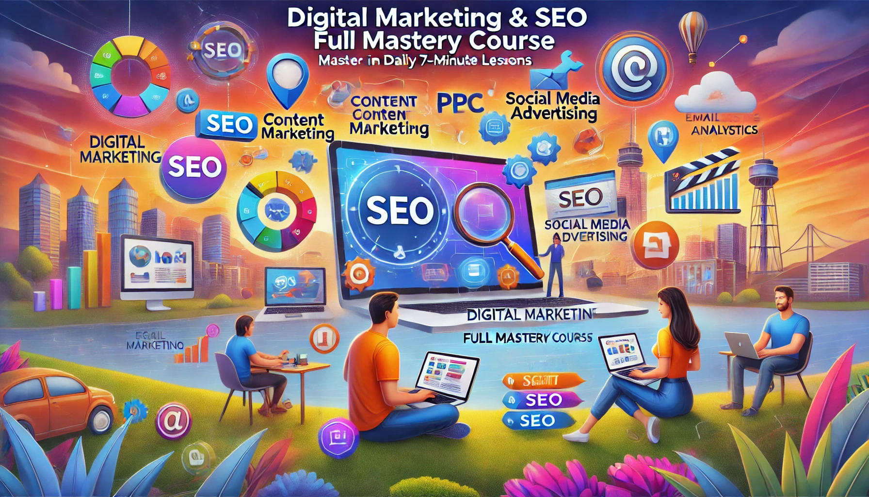 DALL·E 2024-07-07 19.19.48 - A vibrant and dynamic landscape image showcasing elements of digital marketing and SEO. The image features icons representing various aspects such as